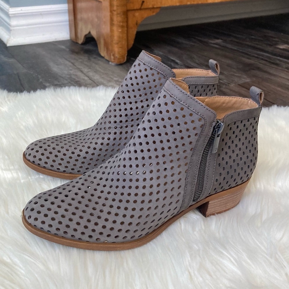 Lucky Brand Ankle Boots Basel Perforated US Size 8 Grey & Brown Heeled Booties